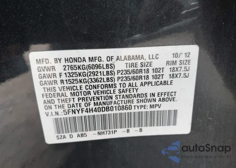 2013 Honda Pilot Ex из США, поврежденный, VIN 5FNYF4H40DB010860